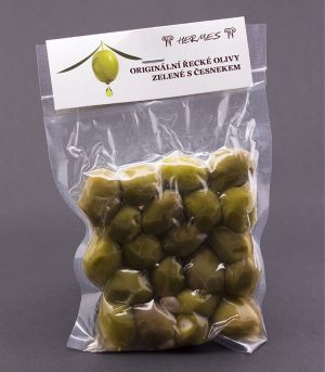 D.M.Hermes Originální řecké olivy zelené s česnekem vakuované, 160 g